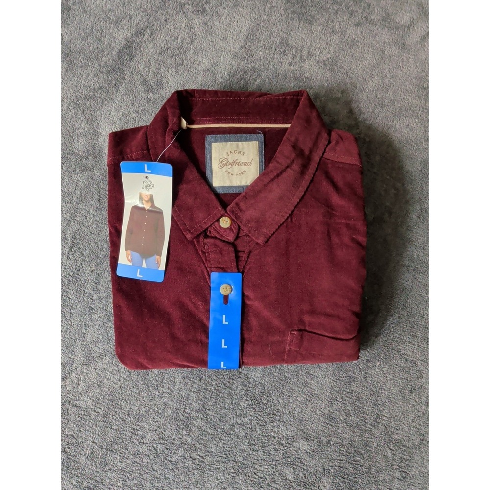 Jachs Girlfriend Women's Mini Corduroy Button Up Long Sleeve Shirt RED -LARGE